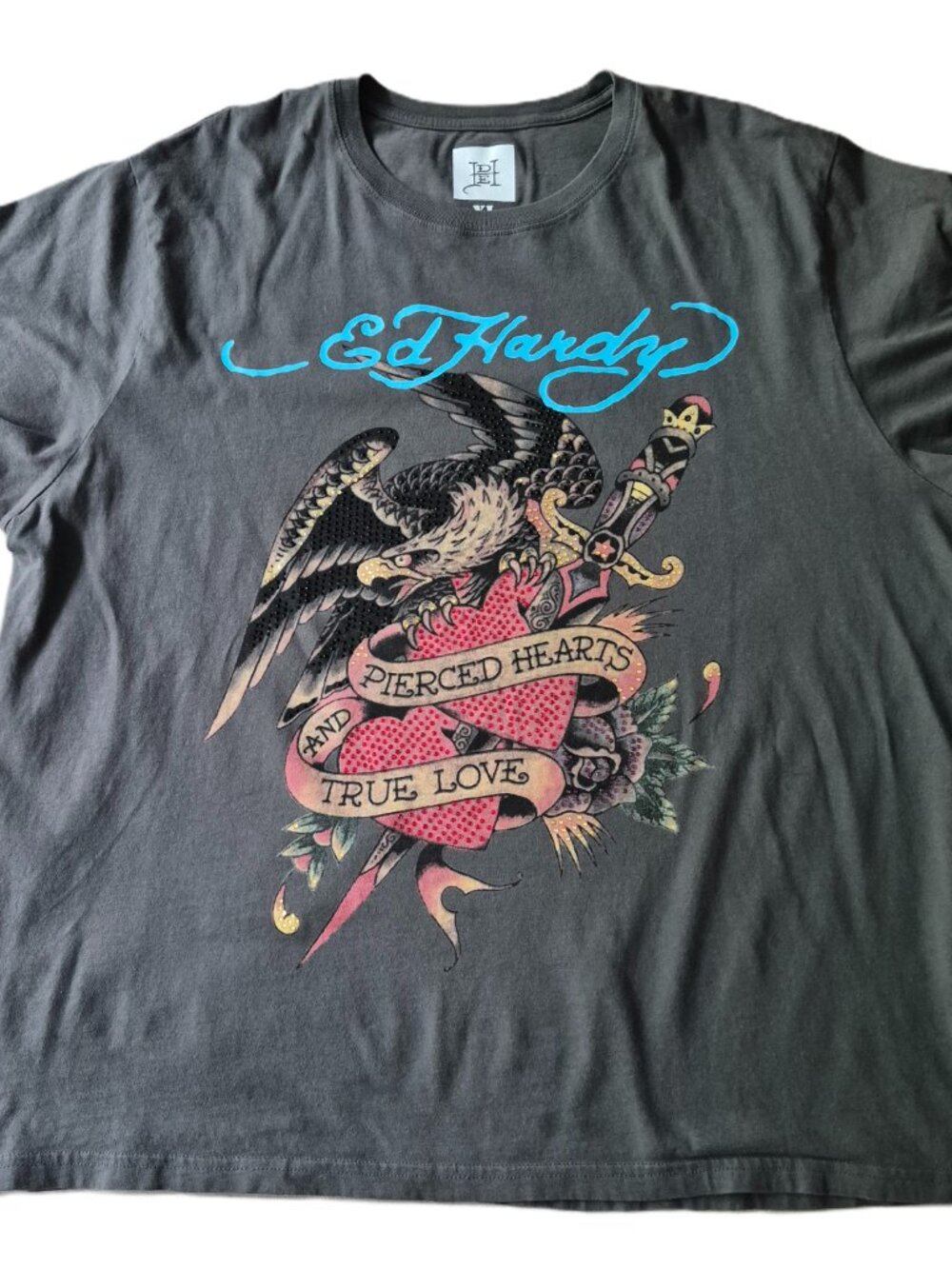Ed Hardy Men's Gray Pierced Hearts True Love Graphic T-Shirt XL Rhinestone